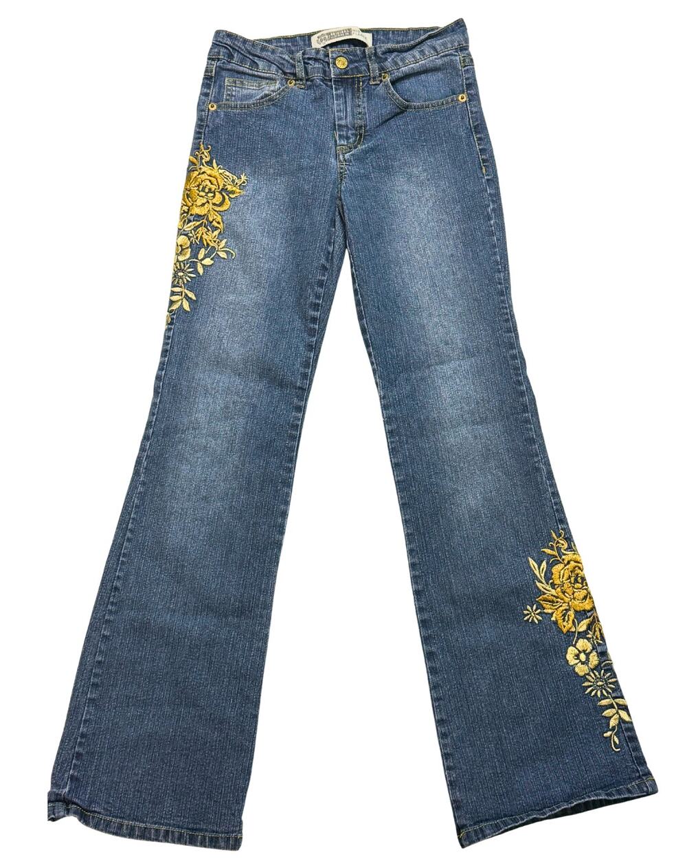 Y2K Flare Jeans Girls 12 Gold Floral Embroidered Mid Rise 70s Boho Hippie